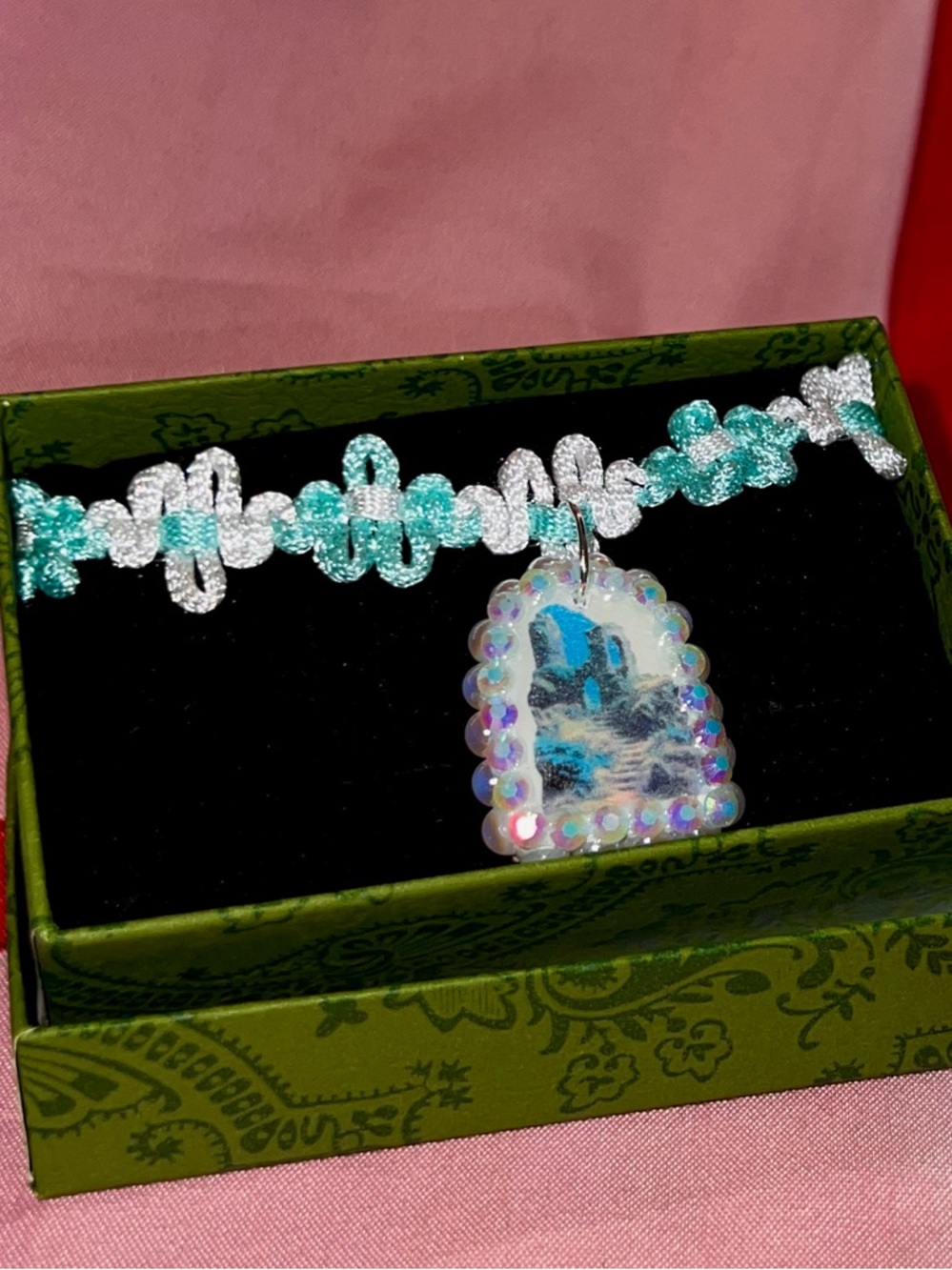 Handmade Blue Iridescent “Magic Ruins” Clay Pendant Choker - Women Jewelry